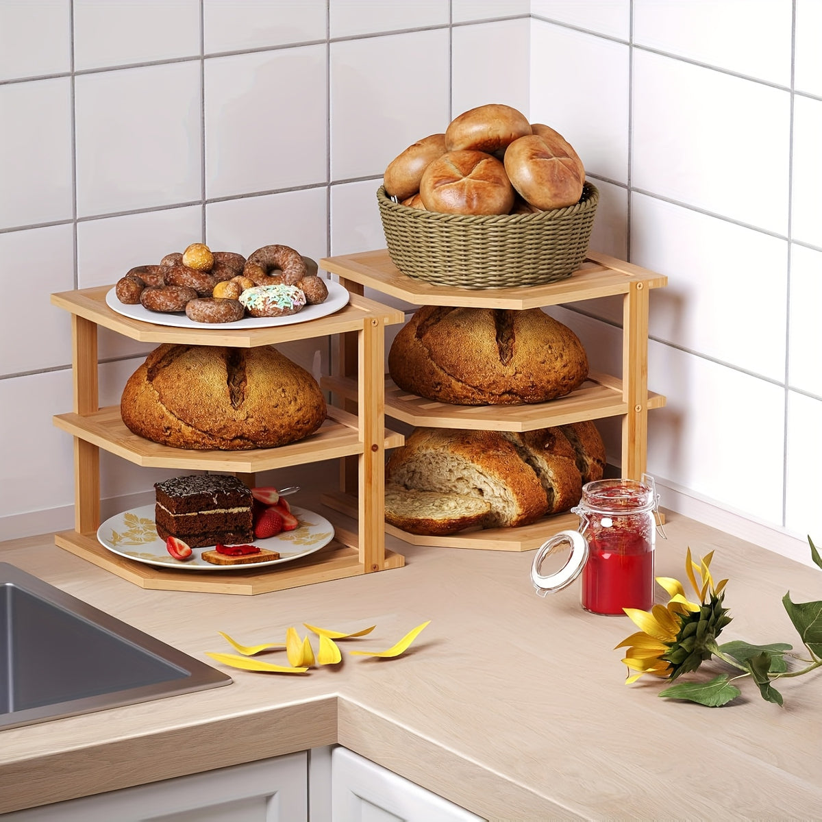 Bamboo Corner Shelf 3-Tier Set of 2 – Countertop & Cabinet Organizer for Kitchen, Bathroom, Spice Rack, Plate & Cup Storage