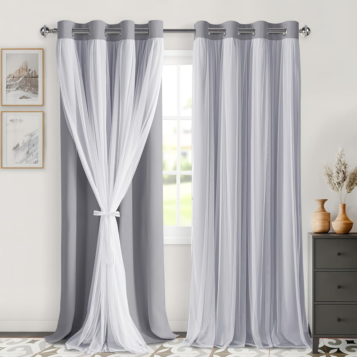 Double Layer Blackout Curtains with Sheer Overlay 2 Panels - Grommet Top Thermal Insulated Mix & Match Window Drapes with Tiebacks for Bedroom Living Room, All Season