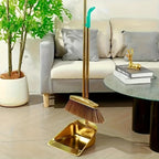 Premium Golden Stainless Steel Broom with Microfiber Bristles & 15° Angled V-Edge Dustpan – Floor-Safe, Hair-Trapping, Rubberized Bumper for Indoor & Outdoor Sweeping | Broom Only or Set