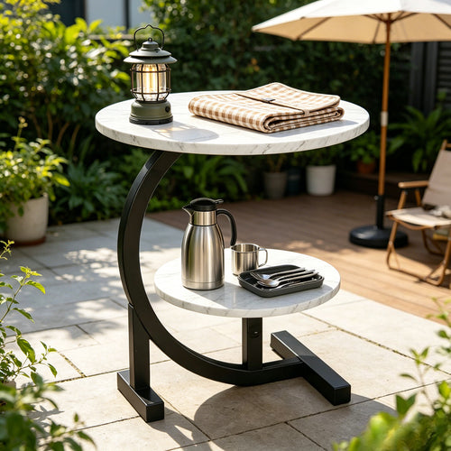 2-Tier C-Shaped Patio Side Table Faux Marble Top Metal Frame Weather Resistant Outdoor End Table for Garden Balcony Poolside Small Spaces Indoor Outdoor