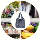 Foldable Shopping Bags 10pcs Reusable - Lightweight Waterproof Polyester Tote Bags with Storage Pockets & Cute Patterns, Eco-Friendly Grocery Bags in Random Colors