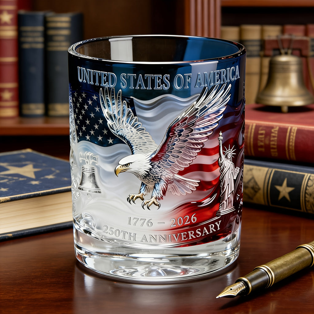 Patriotic Engraved Drinking Glass – USA 250th Anniversary Commemorative Edition, Deep Etched Relief Borosilicate Glass with HD Surround Print, Gift for Veterans & Men