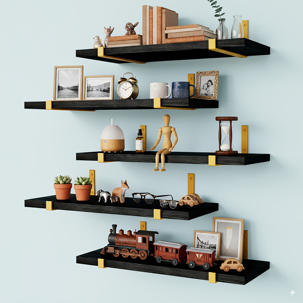 Rustic Floating Shelves Set of 5 Wood Wall Shelves 15.8x4.7 Inch for Bedroom Living Room Kitchen Bathroom Office Plant Display Home Decor Dark Brown Light Brown Black Gold