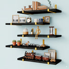 Rustic Floating Shelves Set of 5 Wood Wall Shelves 15.8x4.7 Inch for Bedroom Living Room Kitchen Bathroom Office Plant Display Home Decor Dark Brown Light Brown Black Gold