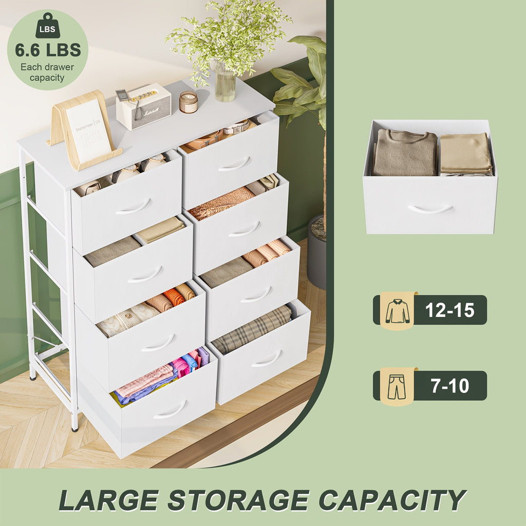 Fabric Storage Chest of 8 Drawers – 4 Independent Sections, Sturdy Metal Frame & Wood Tabletop, Bedroom Dresser for Closet, Living Room & Entryway | White & Brown