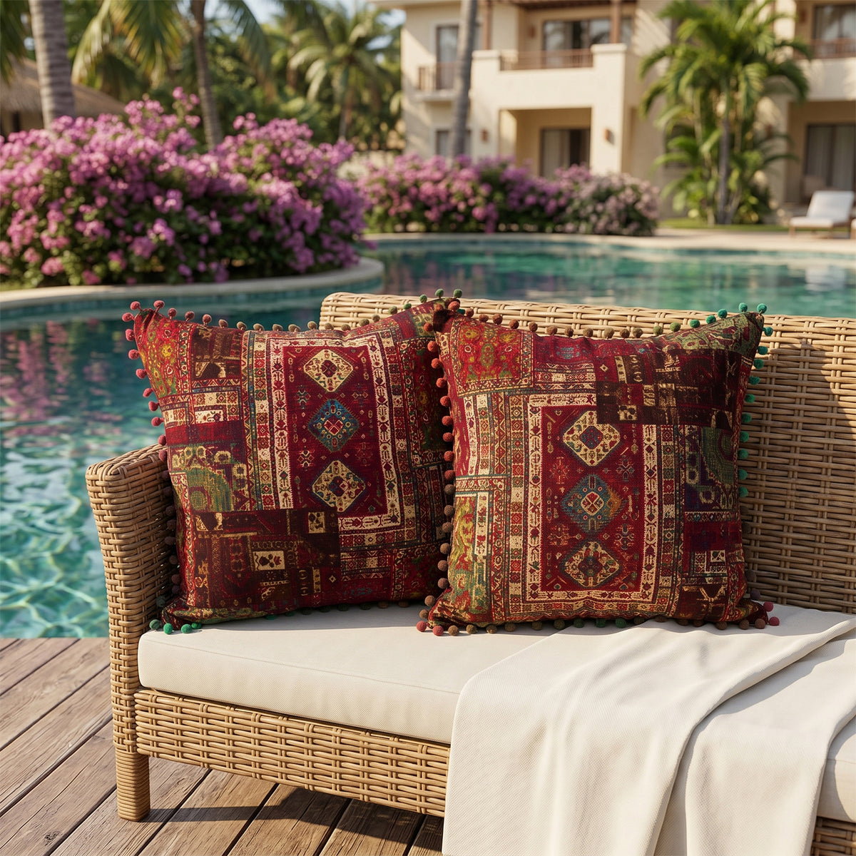 2-Pack Turkish Moroccan Throw Pillows with Inserts Reversible Floral Boho Decorative Pillow 18x18 Inch Polyester Square Cushion Zip Cover for Sofa Couch Bedroom Living Room 7 Colors