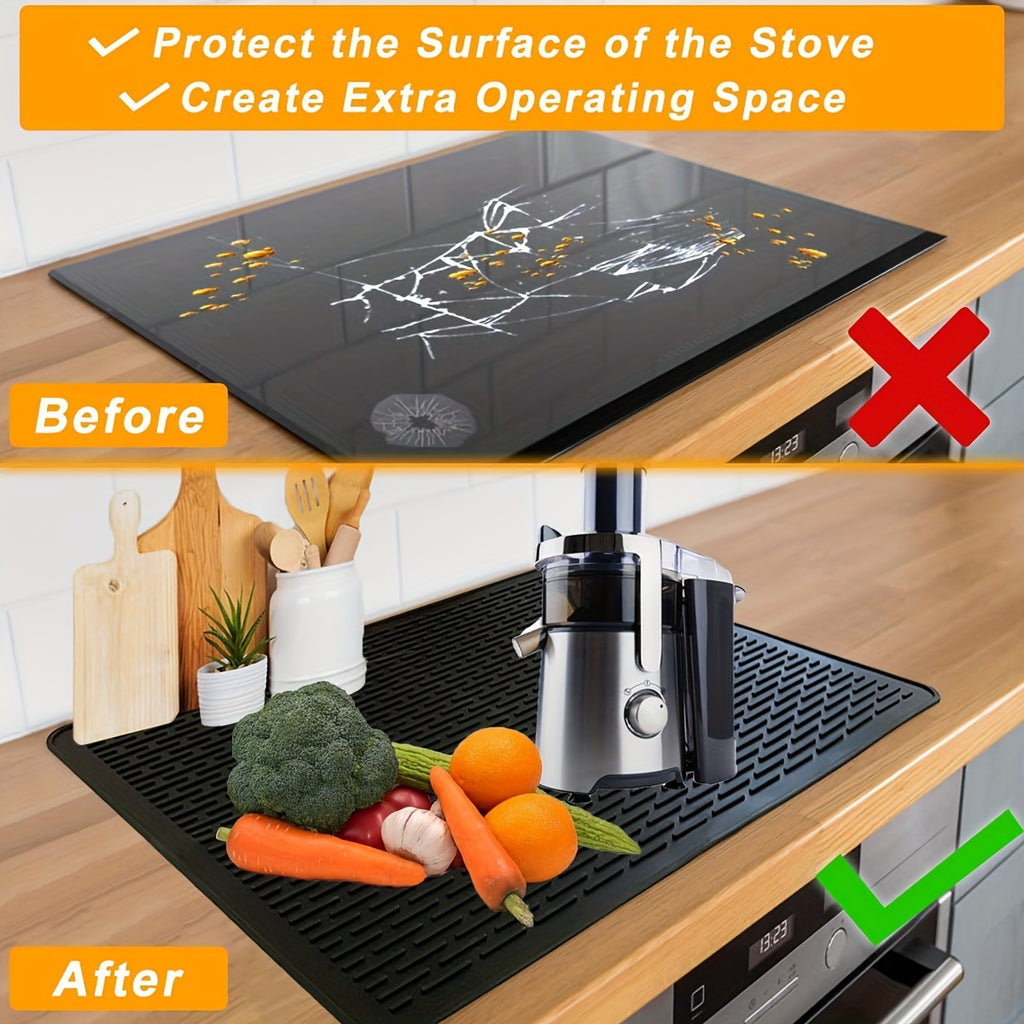 Silicone Stove Top Cover & Dish Drying Mat - 28x20 Inch, Heat Resistant to 450°F, Fits Electric & Glass Stovetops, Black