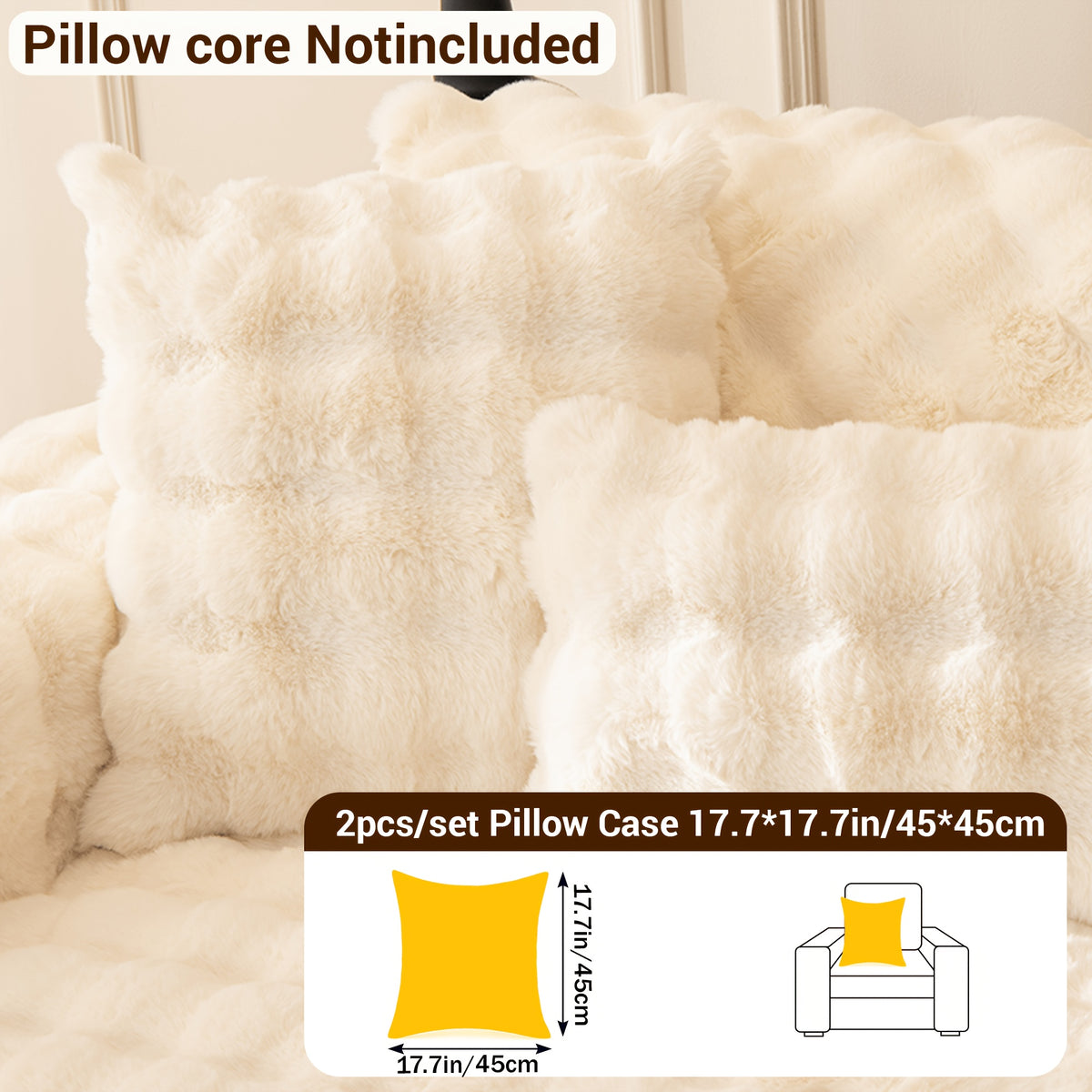 Bubble Faux Rabbit Fur Sofa Cover Non-Slip Stretchable 3/4 Seat Slipcover – Silicone Grip Breathable Furniture Protector for Living Room, Bed & Dorm, Machine Washable in Beige, Dark Grey & Khaki