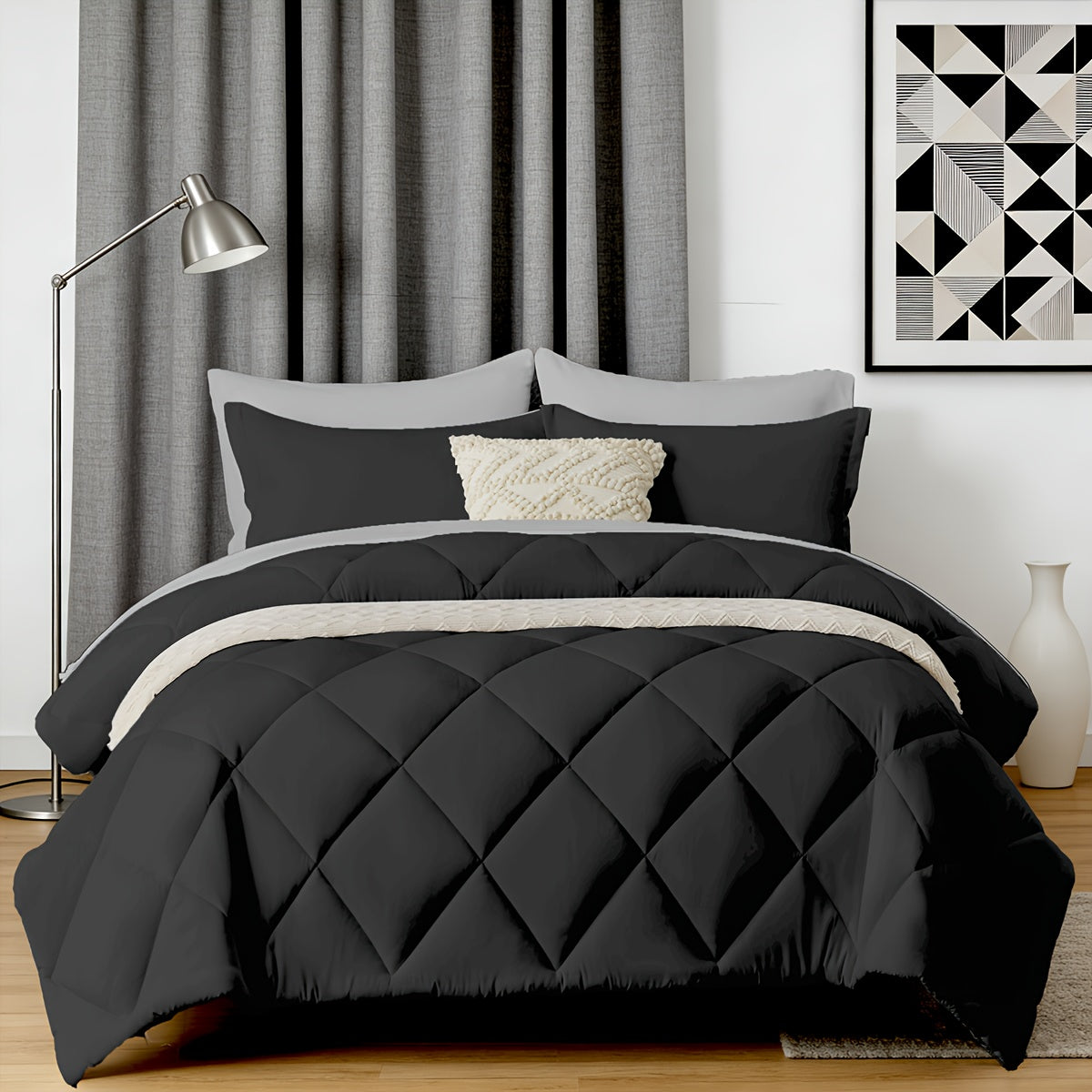 Bed in a Bag 7-Piece Double-Sided Checked Comforter Set – Ultra Soft Fluffy All Season Bedding with Flat Sheet Fitted Sheet Pillowcases Shams, Twin XL Full Queen King