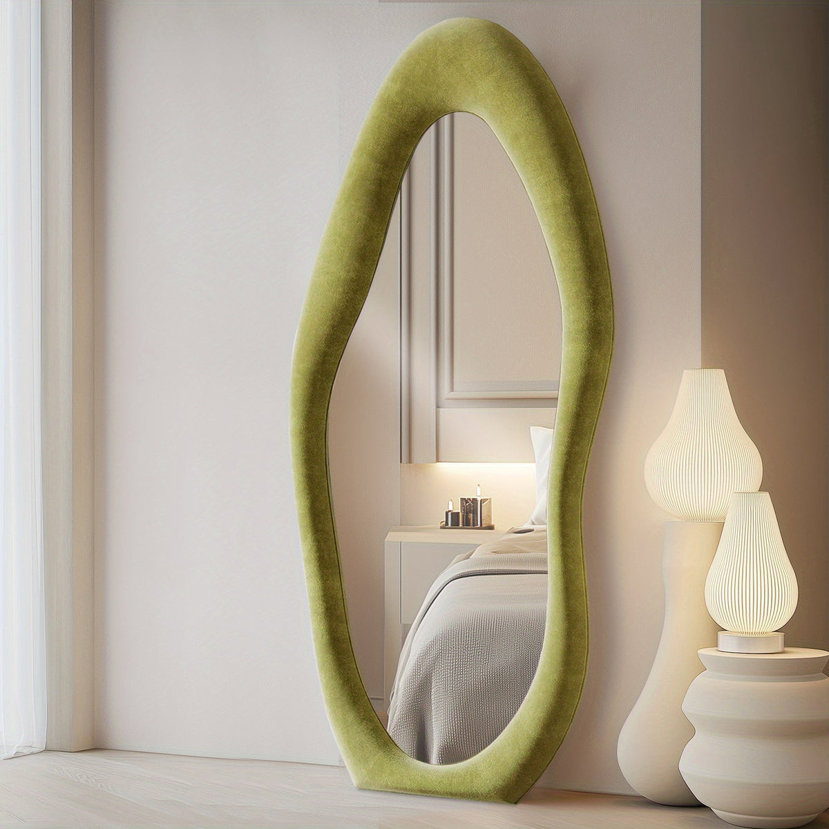 Full Length Mirror 63x24 Inch Irregular Body Floor Mirror with Flannel Frame Leaning Wall Hanging Mirror for Bedroom Entryway Living Room