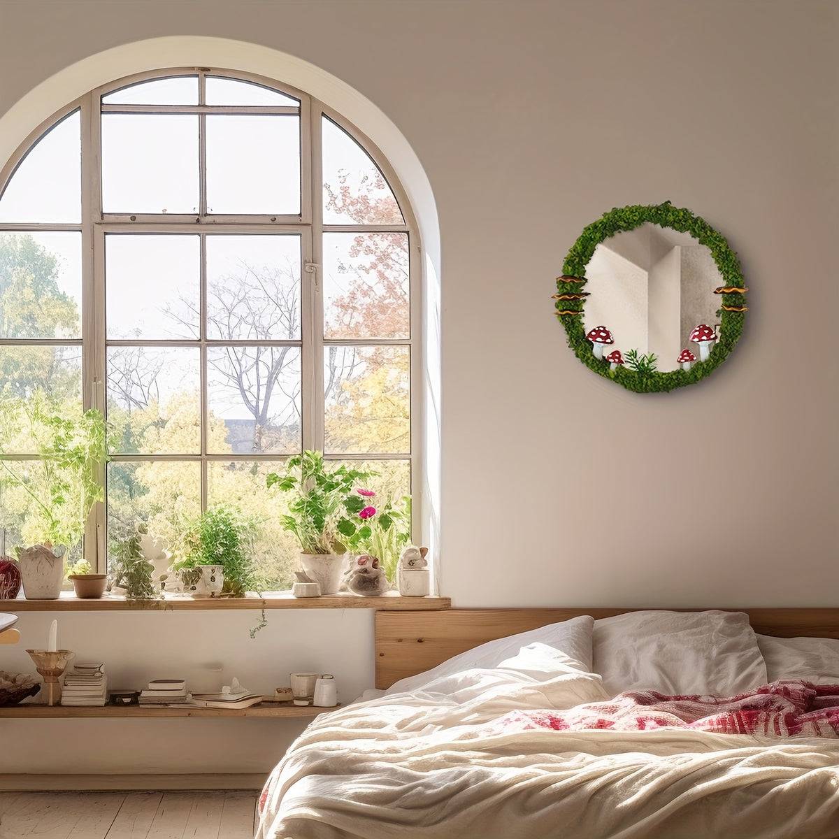 Mushroom Shaped Decorative Wall Mirror 11 Inch Handcrafted – Cottagecore Fairycore Room Decor, Moss & Mushroom Aesthetic