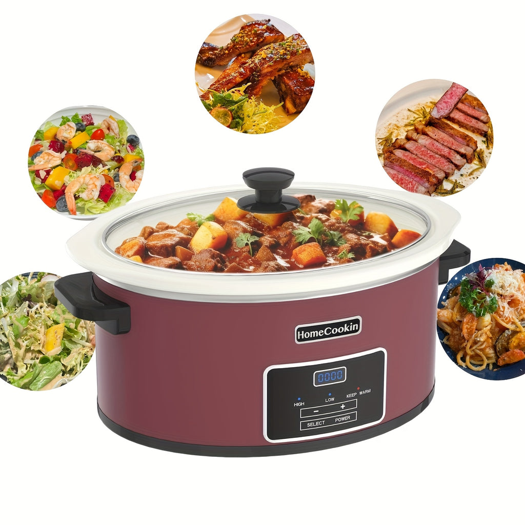 Large Digital Slow Cooker 6QT & 8QT with Stoneware Pot, Programmable Keep Warm Function, One-Touch Digital Display, 240W — Family Dinners, Roasts & Stews, Red White Black Blue
