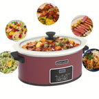 Large Digital Slow Cooker 6QT & 8QT with Stoneware Pot, Programmable Keep Warm Function, One-Touch Digital Display, 240W — Family Dinners, Roasts & Stews, Red White Black Blue