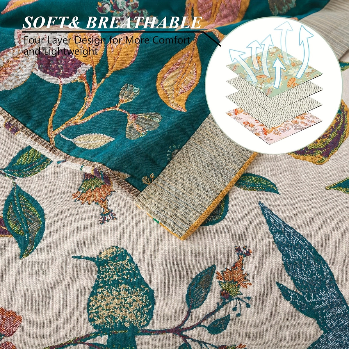 Boho Cotton Throw Blanket Twin Queen King – 100% Cotton Soft Luxury Reversible Quilt, Floral Lemon Print Farmhouse Bohemian Bed Blanket for All Seasons