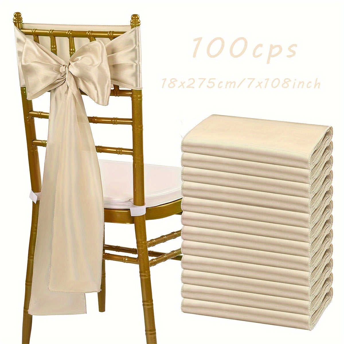 Satin Chair Bow Ribbons 100-Pack – 7×108 Inch Universal Streamer for Wedding Reception Banquet Party Hotel Christmas Decor, 15 Colors
