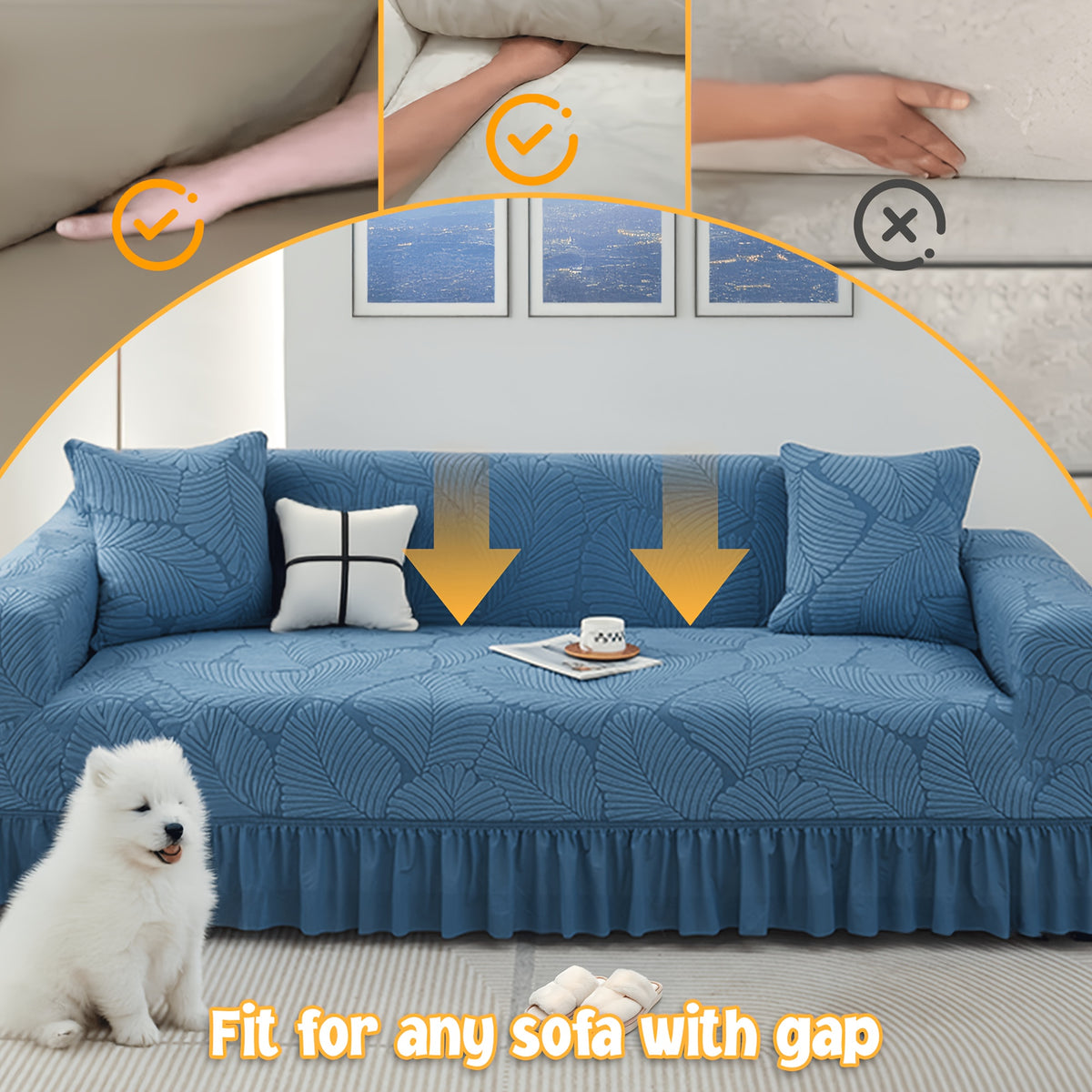Luxury Skirted Sofa Cover Full Coverage Stretch Velvet Slipcover – Anti-Slip Pet-Friendly Couch Protector for 1/2/3/4-Seater, Soft Warm Furniture Cover in Navy Blue & Charcoal Gray for Winter Christmas Home Decor