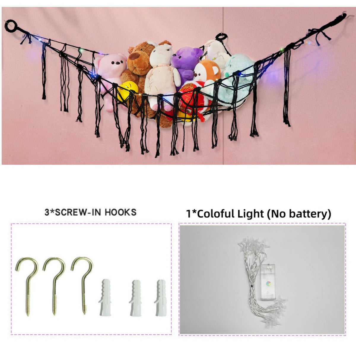 Stuffed Animal Storage Hammock with Star Lights – Corner Mesh Toy Organizer with Hooks for Kids Room, Bedroom & Nursery | White, Black & Pink