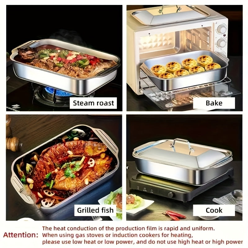 Nonstick Rectangular Baking Pans Set of 3 Stainless Steel with Lids – BBQ Roasting Pans for Outdoor Cooking, Holiday Entertaining & Self-Service Buffets