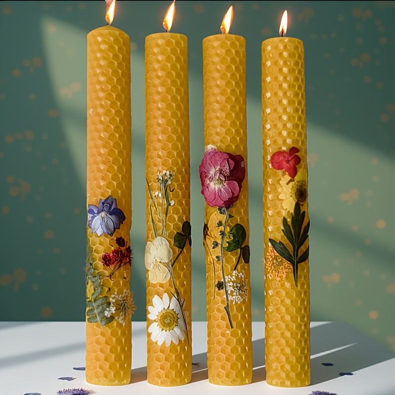 Floral Cone Shaped Decorative Candles 4 Pack 10 Inch Cylindrical Beeswax Taper Candles for Holiday Parties Valentine's Day Mother's Day Wedding Table Centerpiece Home Decor Gift