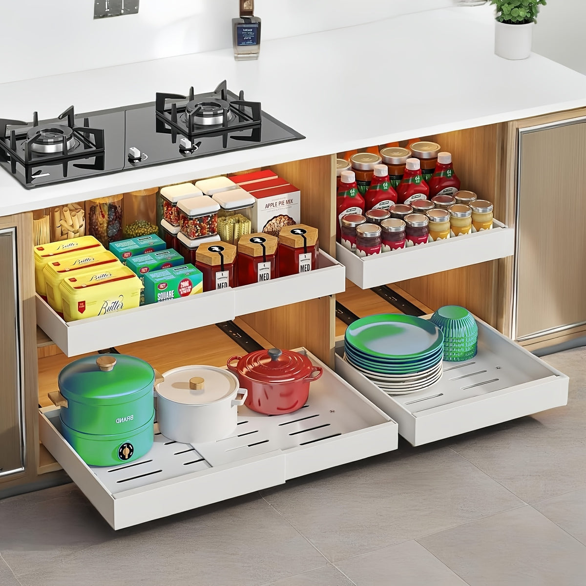 Sliding Cabinet Organizer Set of 4 – Carbon Steel Pull-Out Drawer Baskets with Expandable No-Drill Rolling Shelves for Kitchen Cabinet, Under-Sink Storage, Pantry & Refrigerator Shelf Organizer