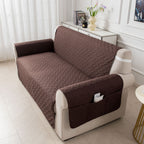Sofa Cushion Cover with Storage Pocket – Pet-Proof Non-Slip Multi-Function Sofa Protector, All-Season Machine Washable, 1/2/3-Seater, Navy Coffee Off-White Dark Gray