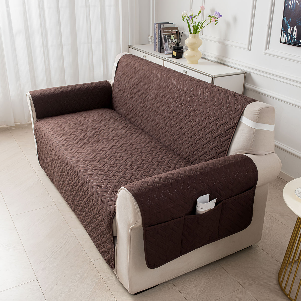 Sofa Cushion Cover with Storage Pocket – Pet-Proof Non-Slip Multi-Function Sofa Protector, All-Season Machine Washable, 1/2/3-Seater, Navy Coffee Off-White Dark Gray