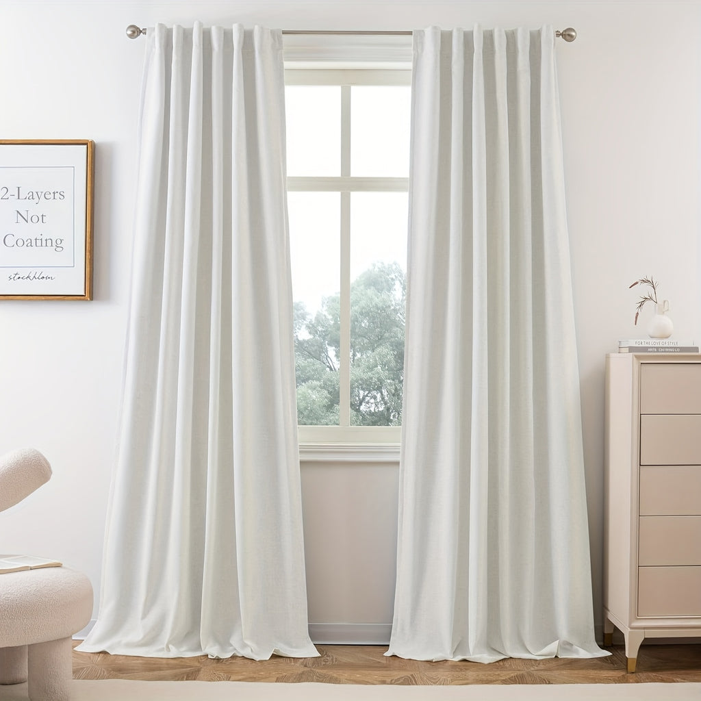 Linen Blackout Curtains 2 Panels – 100% Light Blocking Farmhouse Thermal Insulated Drapes, Rod Pocket Back Tab Ring Clips, Machine Washable, Living Room Bedroom, 9 Colors Multiple Sizes