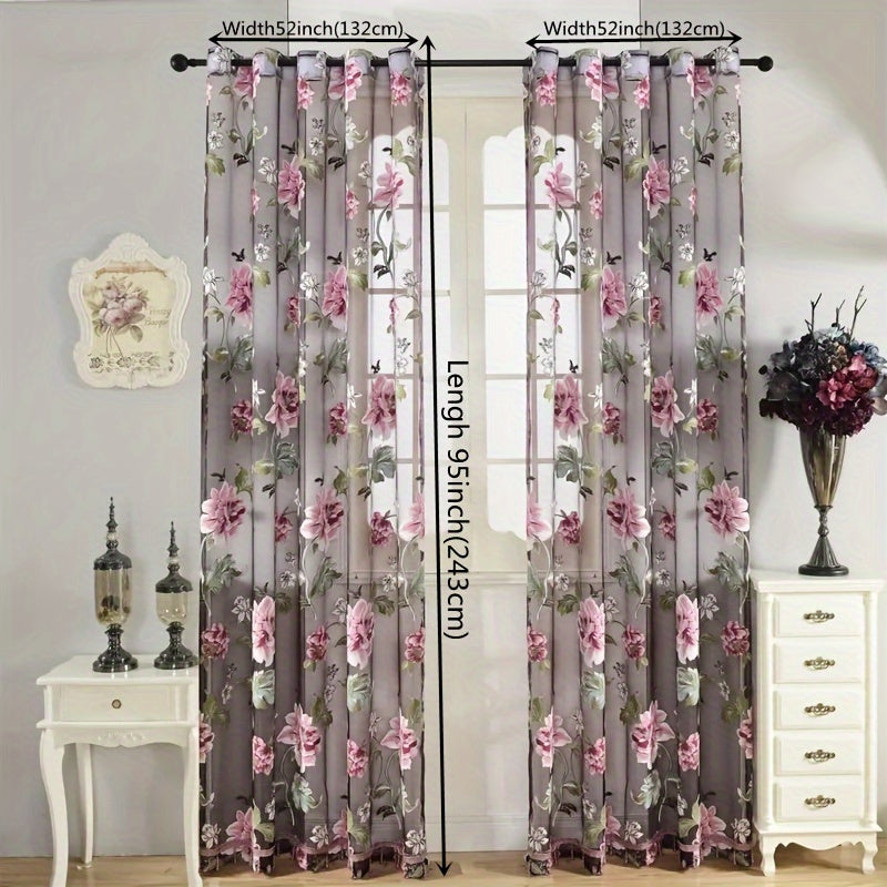 Peony Floral Sheer Curtains Grommet Top – Tulle Voile Light Filtering Drapes for Bedroom Living Room, Purple Pink, Set of 2 Panels