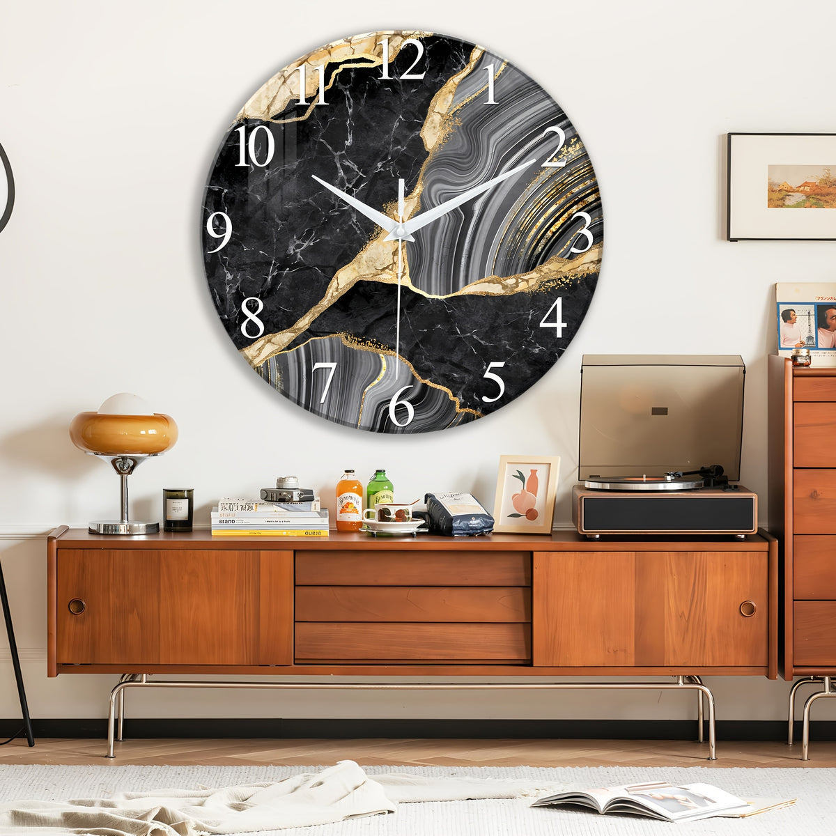 Modern Large Glass Wall Clock with Marble Texture – Silent Non-Ticking, 14, 20 & 24 Inch, AA Battery, Luxury Wall Decor for Living Room, Bedroom, Kitchen & Office, Housewarming Gift