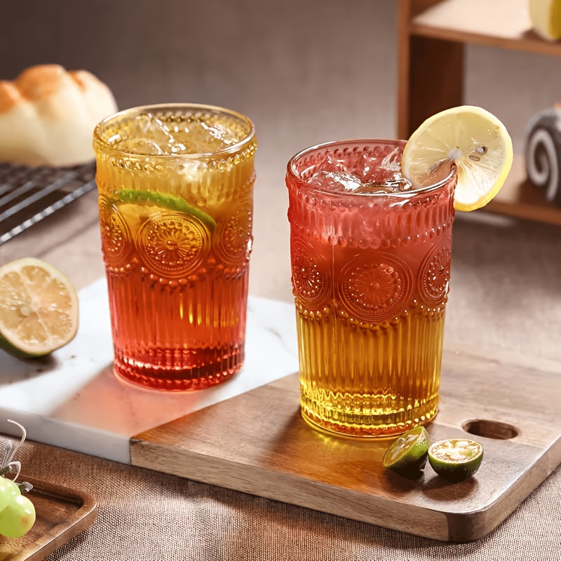 Retro Colored Whiskey Glasses Set of 6 – 14oz Embossed Colorful Tumblers for Whiskey, Cocktails, Juice, Water & Beer – Vintage Muted Glass Drinkware