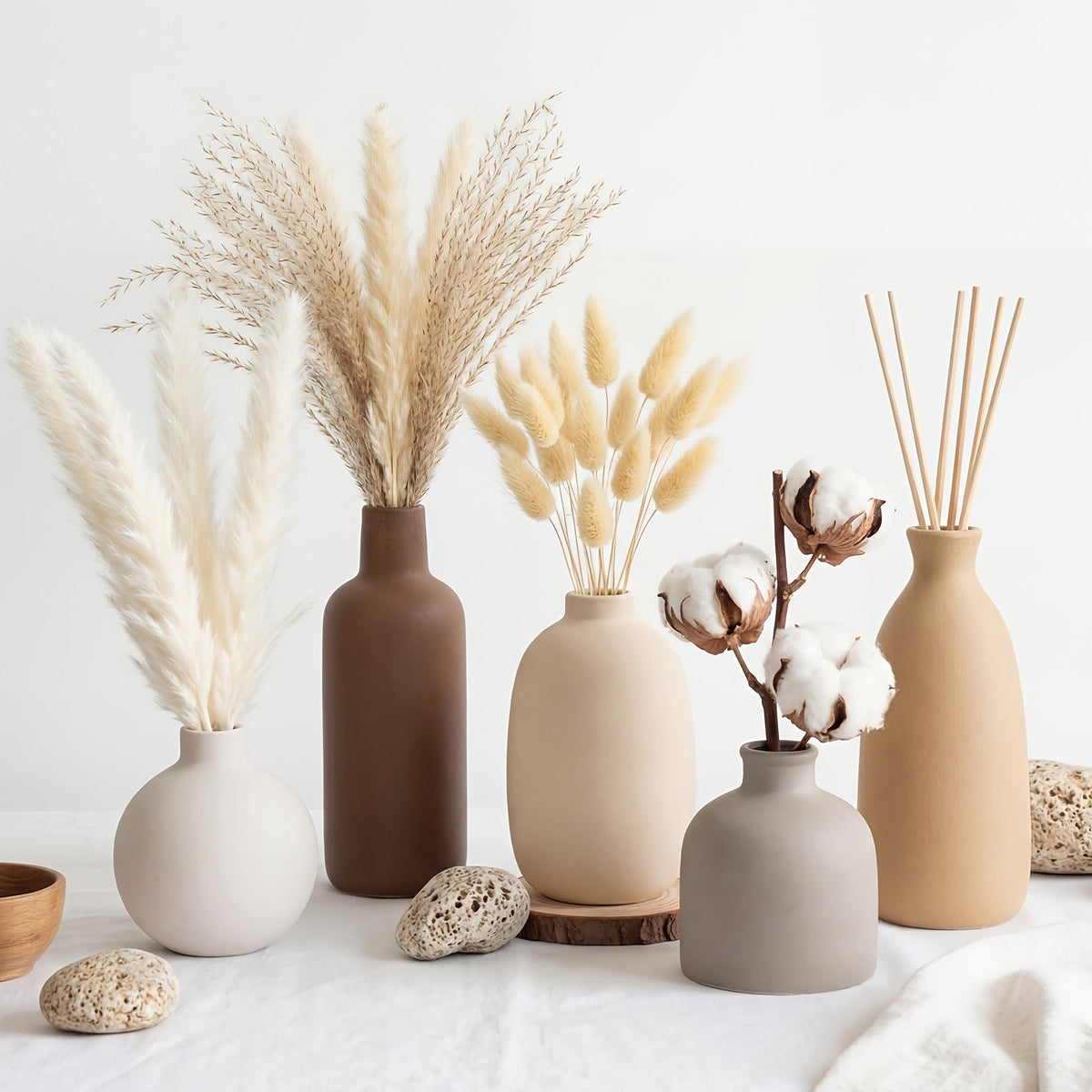 Set of 5 Ceramic Vases for Home Decor – Rustic Farmhouse Pottery, Vintage Decorative Vase Set for Living Room, Coffee Table, Office, Dining Area & Fireplace Mantel