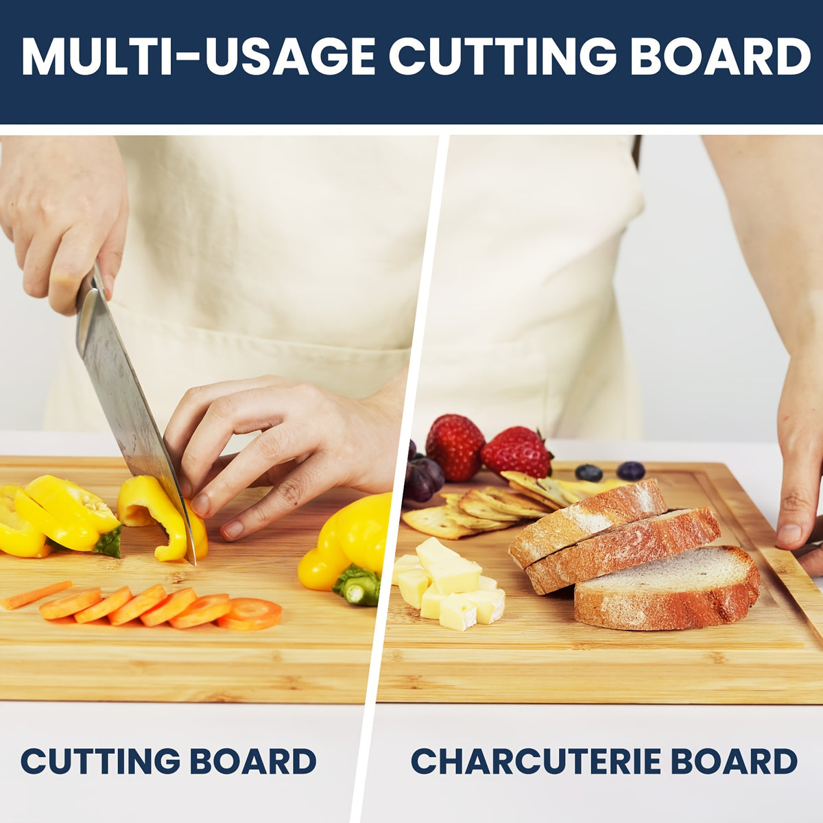 Bamboo Cutting Board Set with Storage Rack and Juice Groove - Kitchen Chopping Boards for Vegetables, Meat, Fruit, Bread & Cheese, Eco Friendly Bamboo Kitchen Board Gift