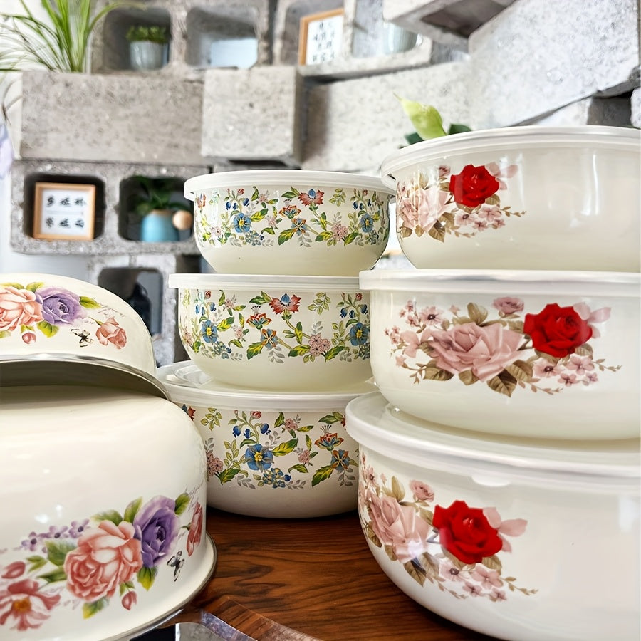 3-Piece Enamel Sealed Container Set with Lids – Fresh-Keeping Food Storage Bowls for Fruit, Vegetables, Soup & Salad | Lunch Box, School & Home | Rose & Floral Styles