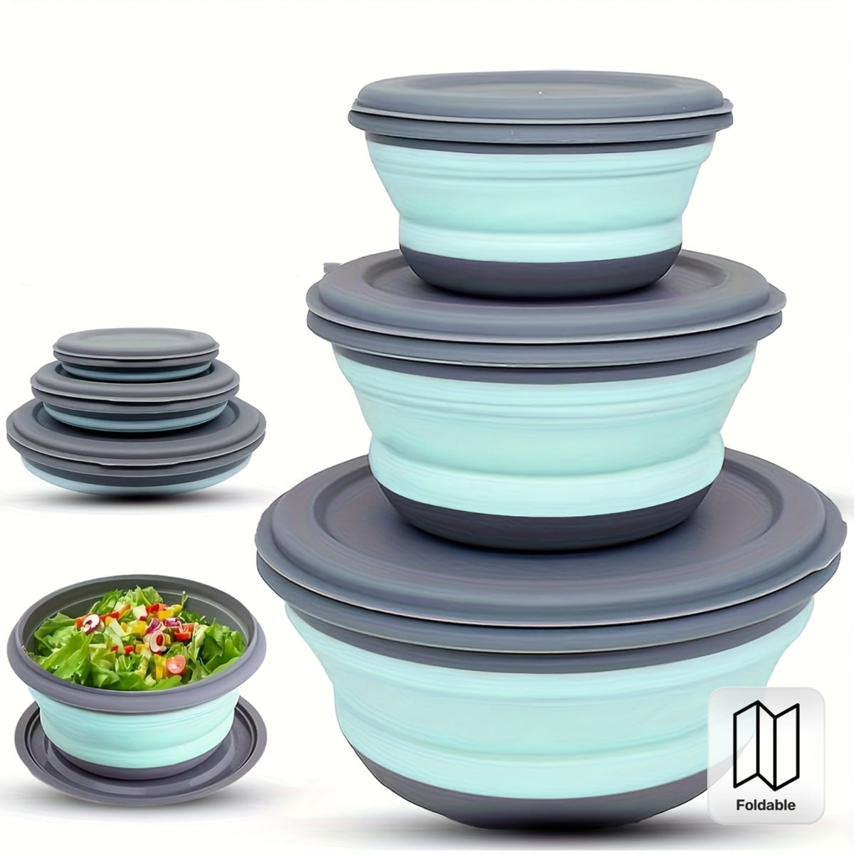 3-Pack Foldable Silicone Camping Bowls with Lids - Collapsible Stackable Food Containers with Storage Bag for Camping Hiking Salads Lunches, Rust-Proof PP, Pink Blue