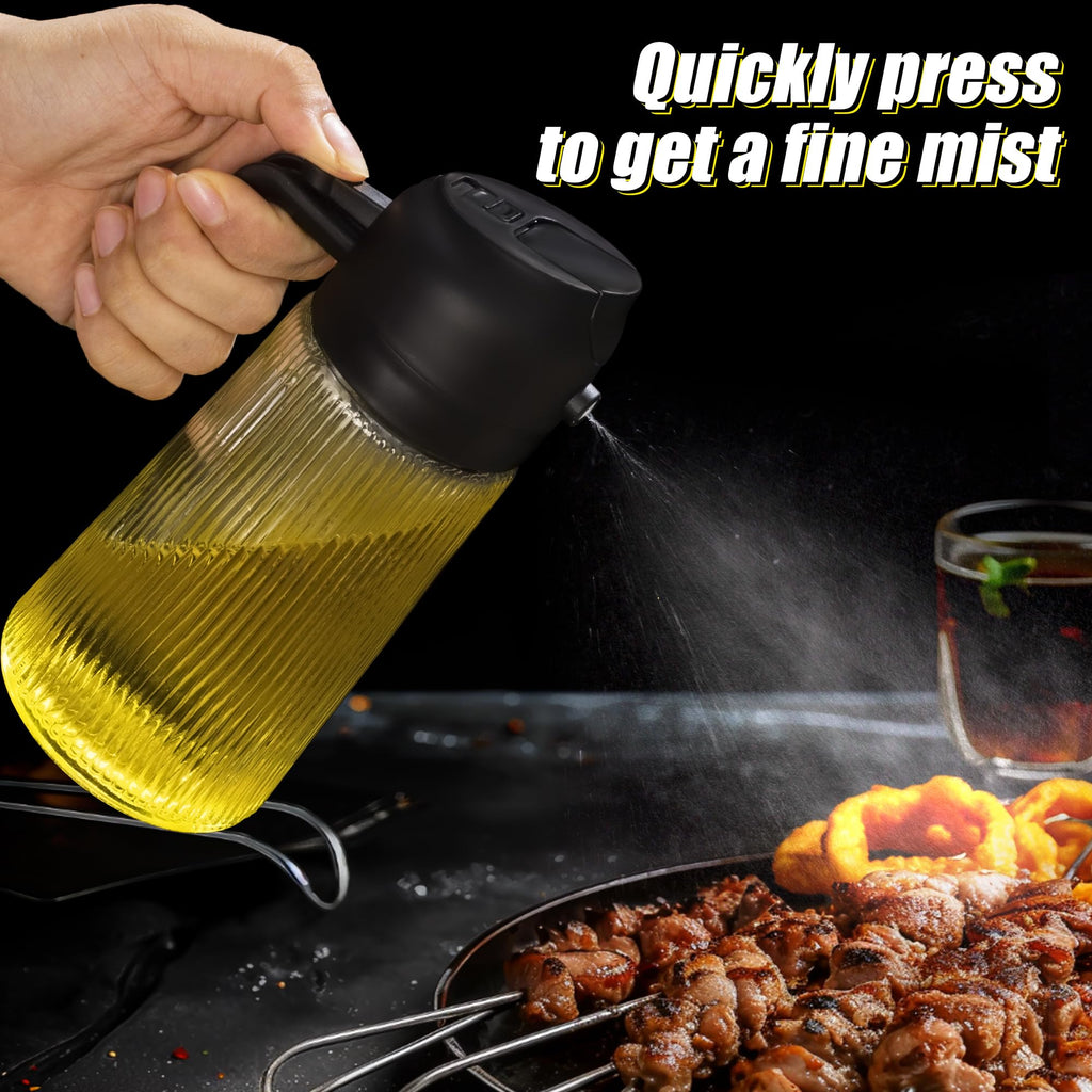 16oz Glass Oil Dispenser Bottle 2-in-1 Spray & Pour – Ribbed Olive Oil Sprayer for Kitchen Cooking, Refillable Glass Oil Spritzer with Leak-Proof Pourer, 1pc or 2pcs