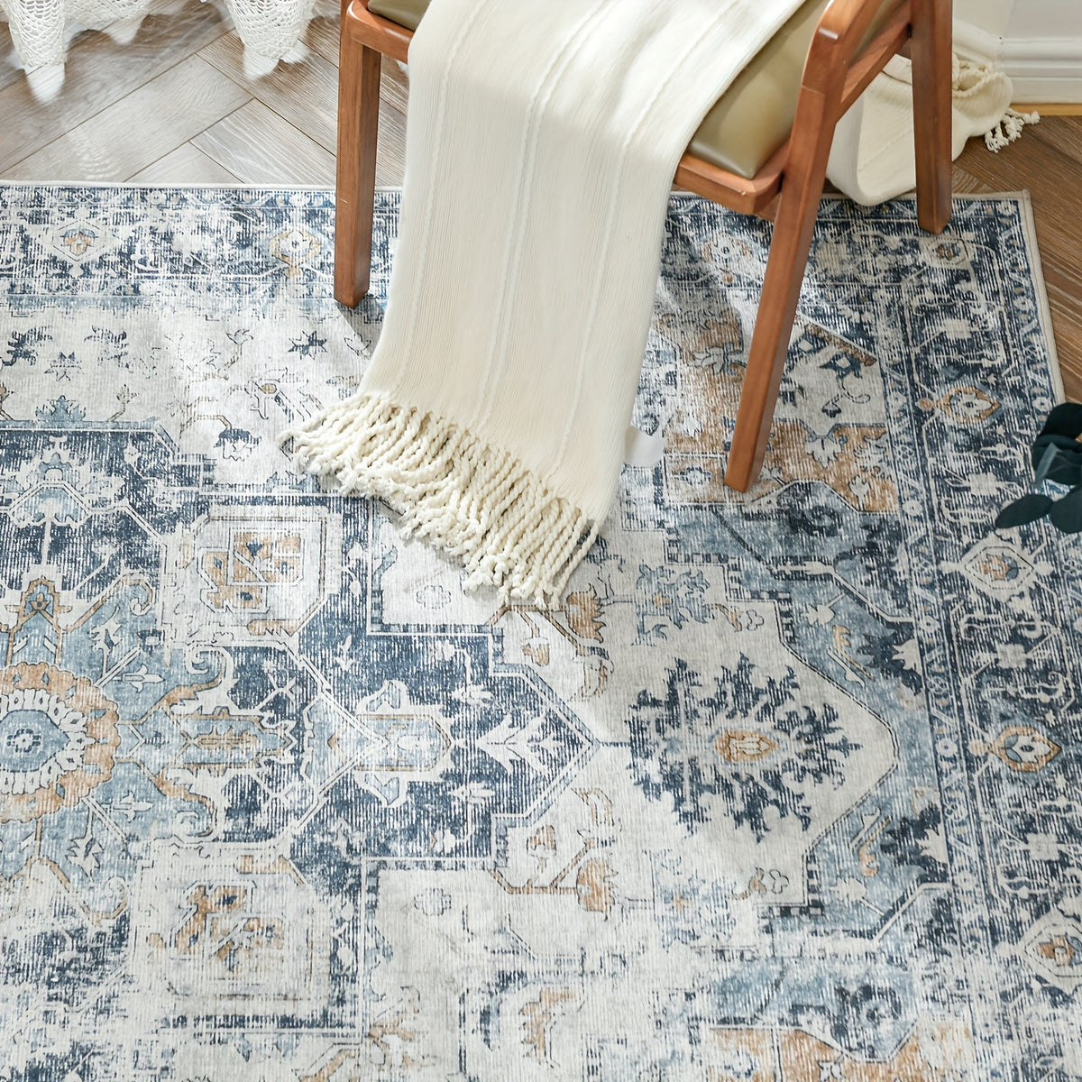 Washable Vintage Area Rug - Chenille Retro Distressed Multi-Print Foldable Lightweight Accent Rug for Entryway Bathroom Kitchen Living Room and Bedroom