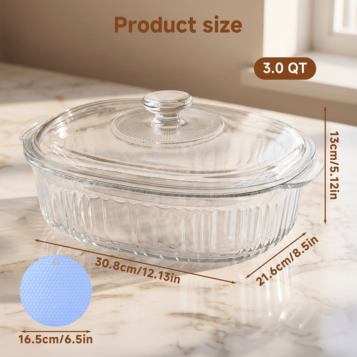 Glass Baking Dish with Lid Set - Borosilicate Casserole Dish with Glass Lid & Silicone Mat, Oven & Microwave Safe, 61oz or 95oz, for Chicken, Pasta, Desserts & Holiday Cooking