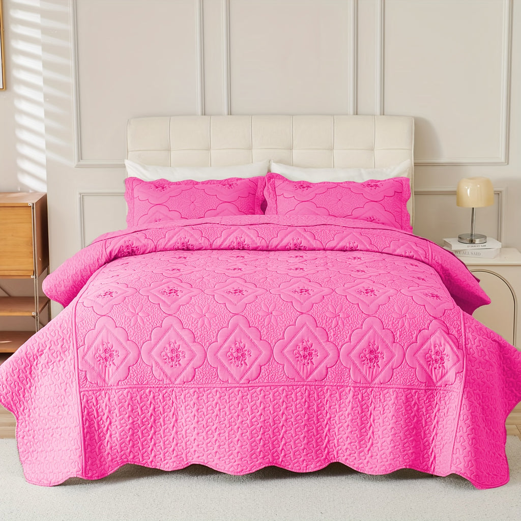 Quilted Embroidered Bedspread Set 3 Pcs – Floral Embroidery, 100% Polyester, Wrinkle-Resistant Lightweight Coverlet for Queen & King Bedroom Decor, 16 Colors
