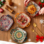 Bohemian Square Plate Set 4 Piece 9 Inch with Handles – Creative Ceramic Fruit & Pasta Dishes Microwave & Oven Safe – Aesthetic Boho Dinnerware Gift