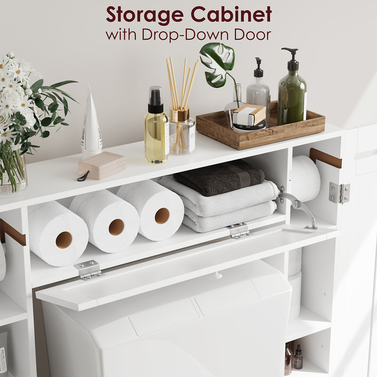 Over Toilet Storage Cabinet White Bathroom Cabinet with Toilet Paper Holder Adjustable Shelves Two Side Doors and Pull-Down Door Space Saving Bathroom Organizer