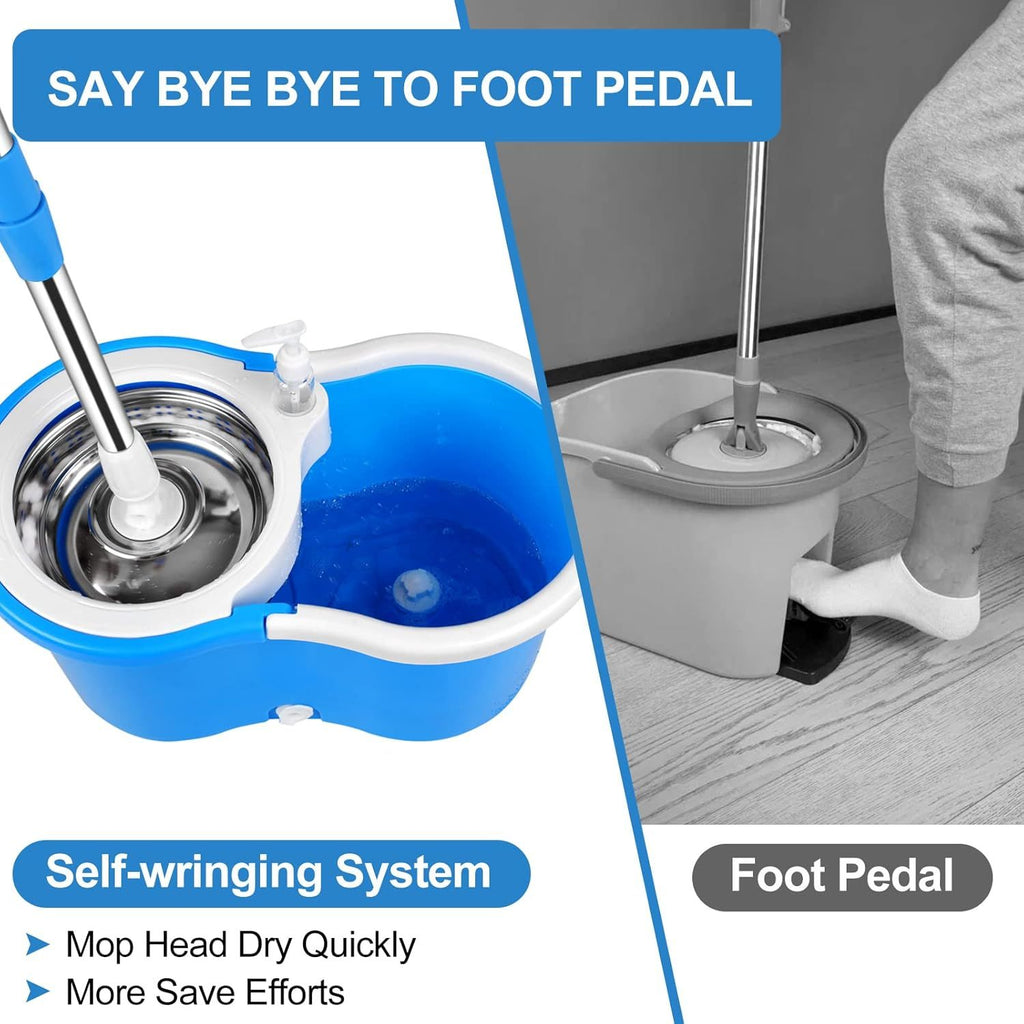 360° Spin Mop and Bucket Set with Wringer – Stainless Steel Extended Handle Spinning Mop Bucket System with 4 Microfiber Mop Refills for Hardwood Tile & Laminate Floor Cleaning