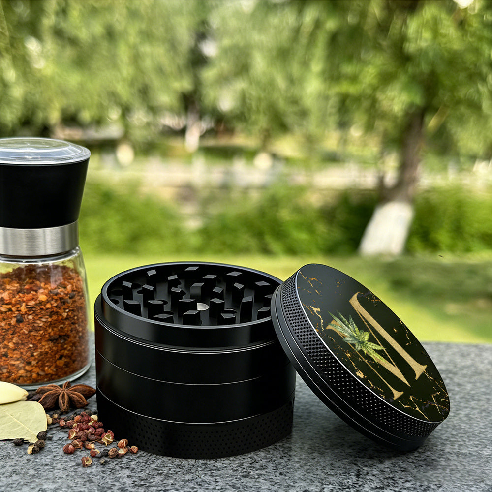 Manual Spice & Herb Grinder with Pollen Catcher - Personalized A-Z Initial Letter Metal Crusher, Portable 2 Inch Golden Marble Alphabet Design, Gift for Smokers & Herb Lovers (Black)