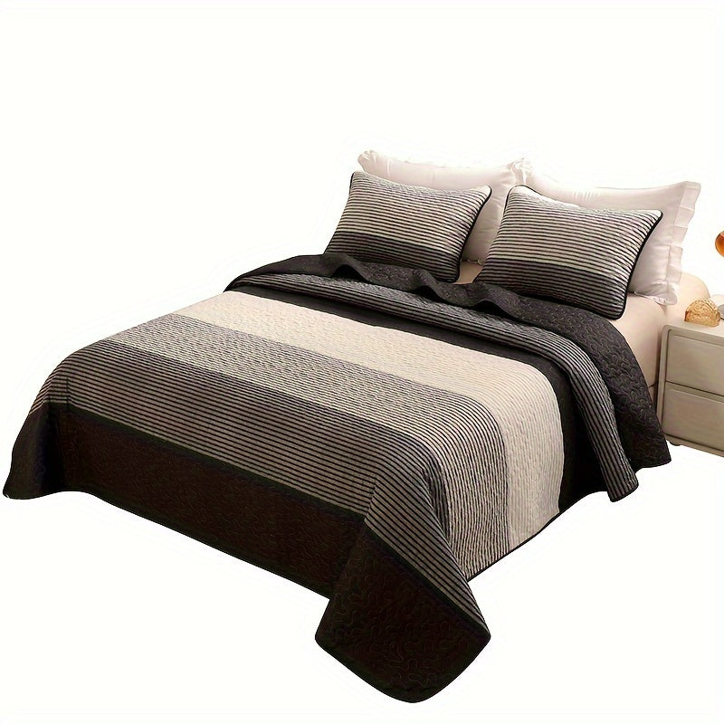 Striped Quilted Coverlet Set 3 Piece – Brushed Soft Warm Black Grey White Bedspread with 2 Pillowcases for Bedroom & Guest Room, No Insert