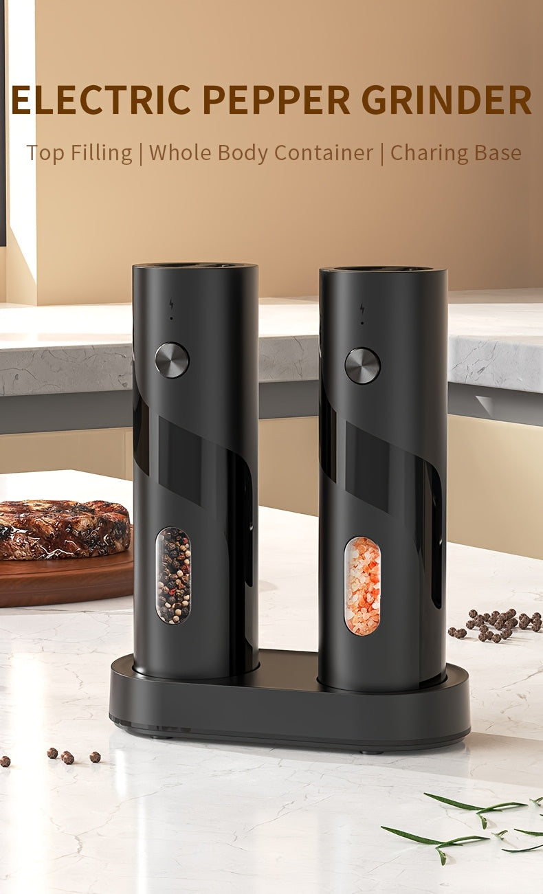 Electric Salt & Pepper Grinder Set USB Rechargeable with Charging Base, LED Grinding Light, Top-Fill Large Capacity – 1 or 2 Piece, Black & Green