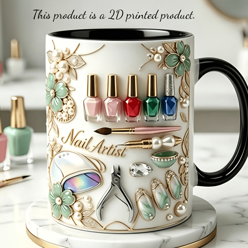 Nail Polish Ceramic Coffee Mug 11oz – Funny 3D Effect Manicure Cup, Two-Color Handle, Dishwasher Safe, Gift for Nail Techs & Beauty Lovers, Home Office Decor