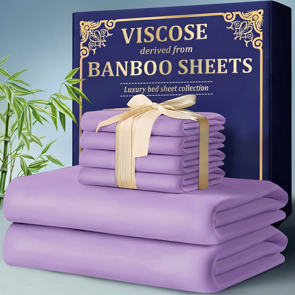 Bamboo Cooling Bed Sheet Set 4 Pcs - 2300TC Ultra Soft Breathable Deep Pocket Fitted Sheet Flat Sheet Pillowcases, Shrink Resistant All Season Bedding for Twin Full Queen King