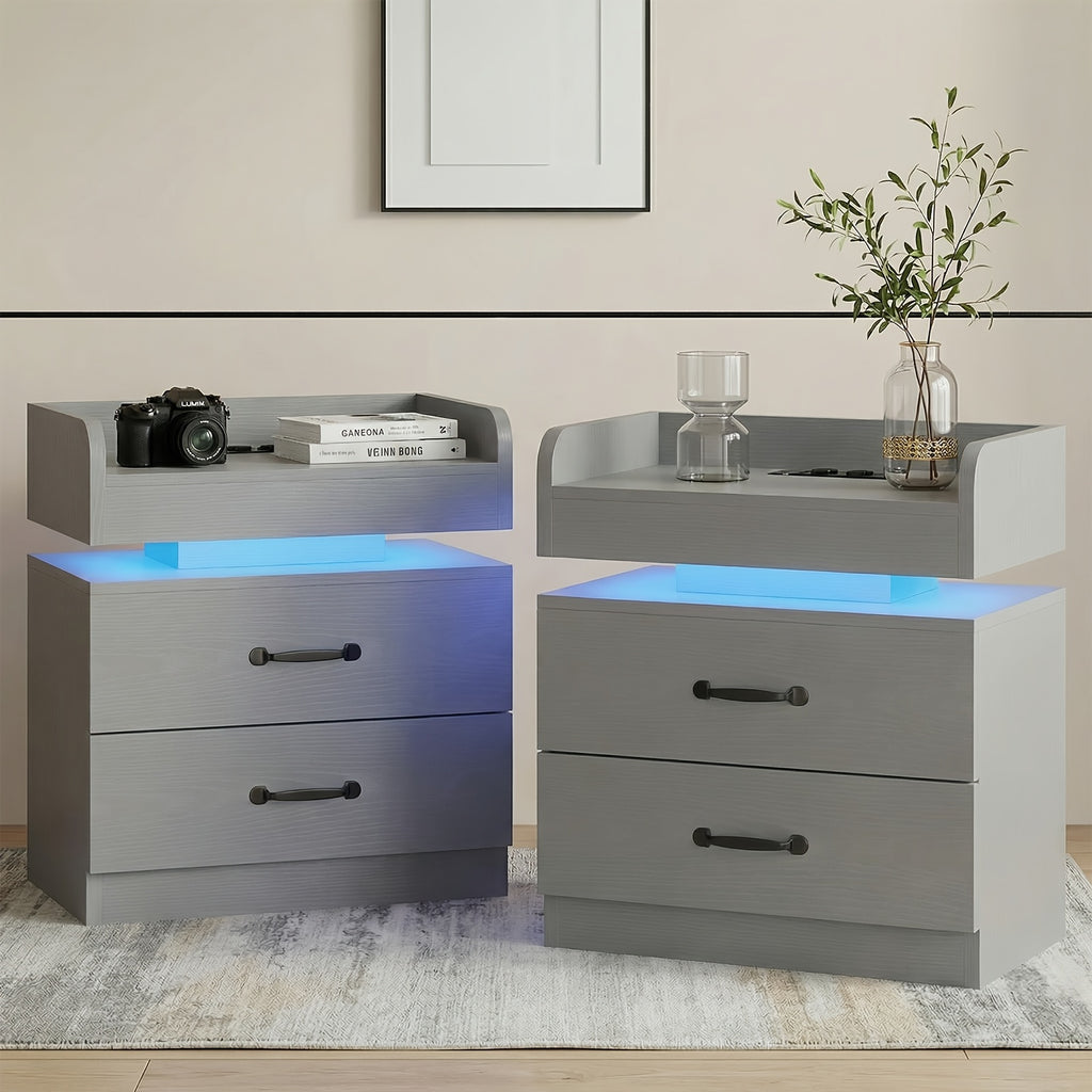 Nightstand with Charging Station LED Lights and 2 Drawers Bedside Table for Bedroom Living Room White Black Grey 1pc or 2pcs Set