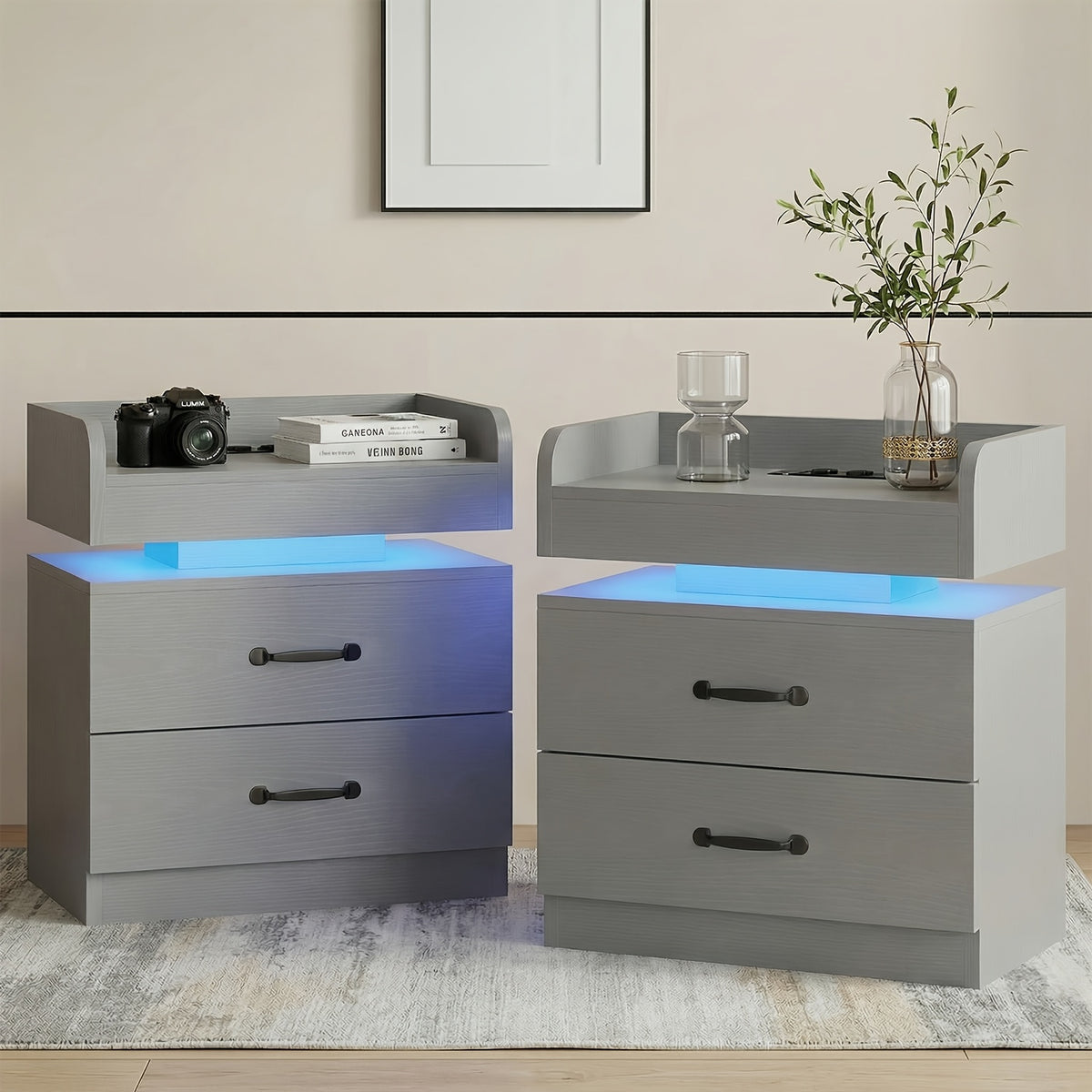 Nightstand with Charging Station LED Lights and 2 Drawers Bedside Table for Bedroom Living Room White Black Grey 1pc or 2pcs Set
