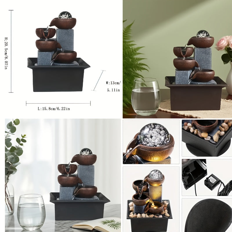 4-Tier Desktop Water Fountain with LED Lights, Decorative Bubble Balls & Natural River Stones, Indoor Tabletop Waterfall Fountain for Home & Office Relaxation, Meditation Zen Decor