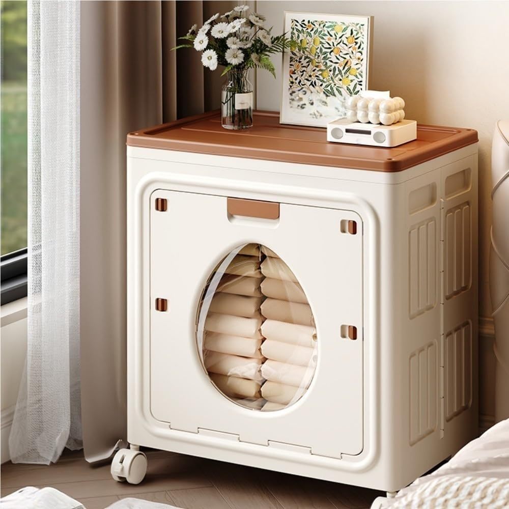 Large Storage Box with Wheels 37 Gallon Flip-Top Lid Foldable Closet Organizer for Clothes Quilts Blankets Bedroom Living Room White Red